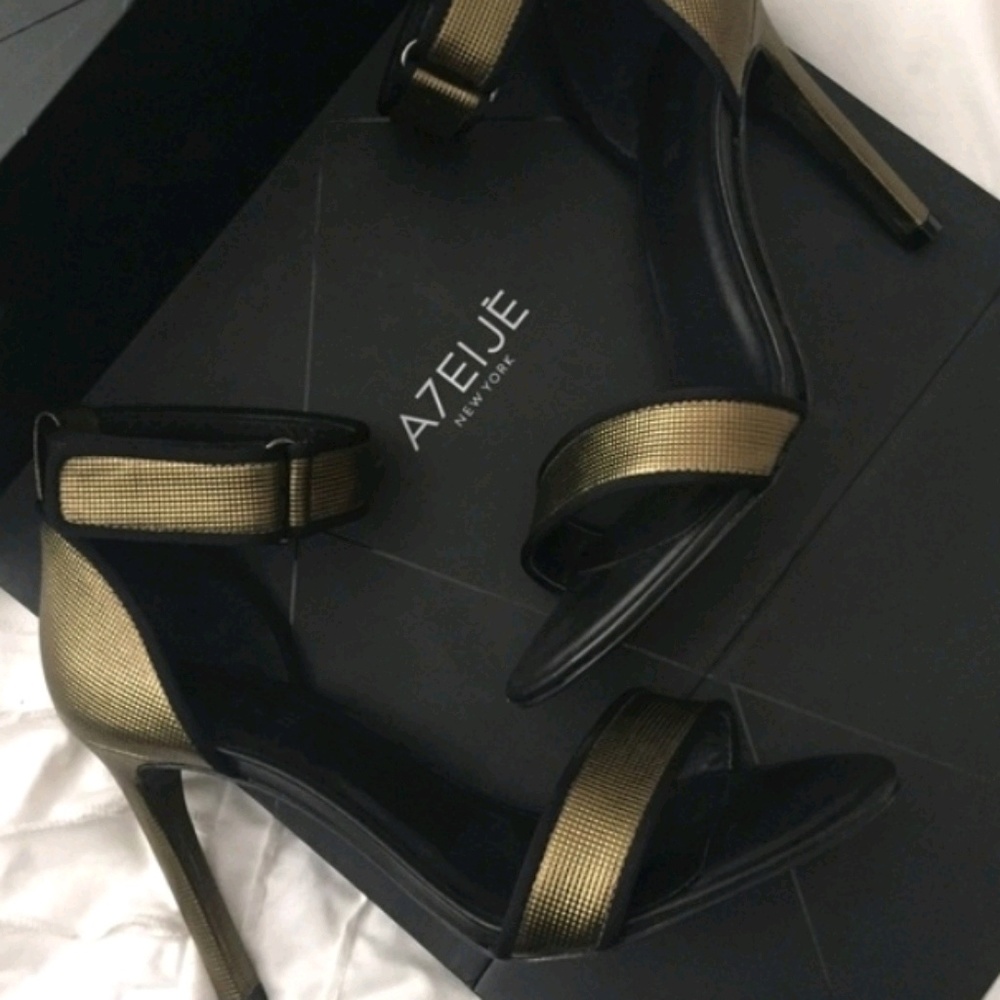 A7EIJE gold sandals 3.5 inch heels